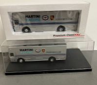 Two diecast racing vehicles for Martini Racing and Porsche