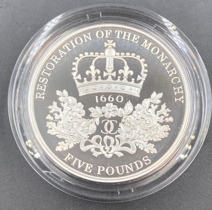 Three Royal Mint silver proof coins: 2008 UK Queen Elizabeth 1 £5, 2010 Restoration of the - Image 3 of 4