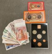 1971 UK proof decimal set of coins, quantity of Swiss and European bank notes and some Roman