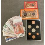 1971 UK proof decimal set of coins, quantity of Swiss and European bank notes and some Roman