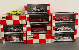 Eleven starter diecast model cars including Le Mans Watkins Glen