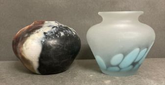 Two pots, one blue glass and a hand painted Jes Killick pottery one