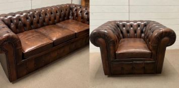 A Chesterfield Club Armchair with stud detail to arms and a three seater Chesterfield sofa (Sofa