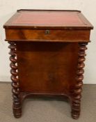 A small walnut Davenport desk with leather top and spiral turned legs H 80 cm x width 57 cm x