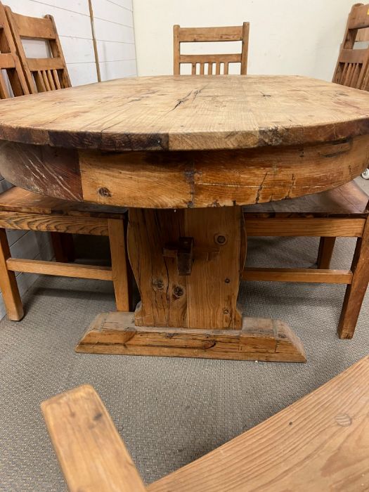 An oval rustic pine table with three drawers, four chairs and two carvers (H75cm W200cm D100cm) - Image 2 of 5