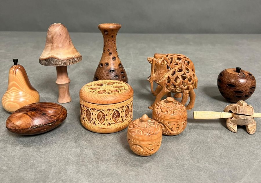 A selection of various turned wooden items