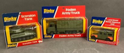 Three boxed Diecast Dinky toys, Scorpion Tank, Foden Army Truck and Land Rover Bomb Disposal unit