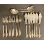 A Set of six silver fish knives and forks, marked 800 and a pair of salad servers (Approximate Total