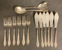 A Set of six silver fish knives and forks, marked 800 and a pair of salad servers (Approximate Total