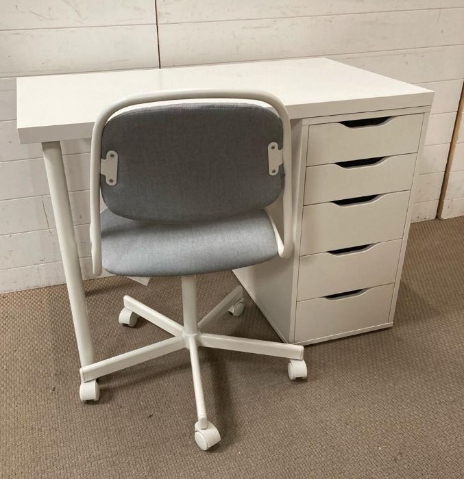A white Ikea desk and chair (H74cm W100cm D60cm)