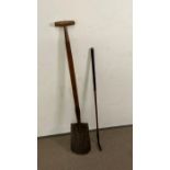 A vintage spade with wooden handle and wooden golf club, stamped R D and C