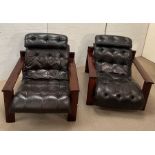 A pair of Percival Lafer lounge chairs C1960's, mahogany and brown leather (80cm x 84cm 100cm)