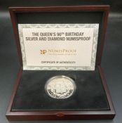 The Queen's 90th Birthday Silver and Diamond Numisproof coin 361/495 2oz silver coin