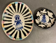A pair of hand painted stoneware glazed dishes signed by Francesca Kaye
