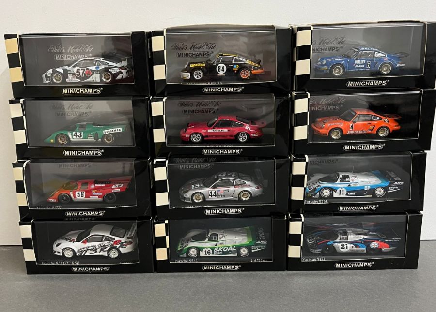 Twelve boxed Porsche rally cars by Minichamps, Daytona, Le Mans etc, various years