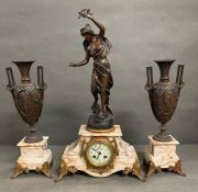French Art Nouveau mantle clock with a pair of matching vase garniture, white ceramic dial with
