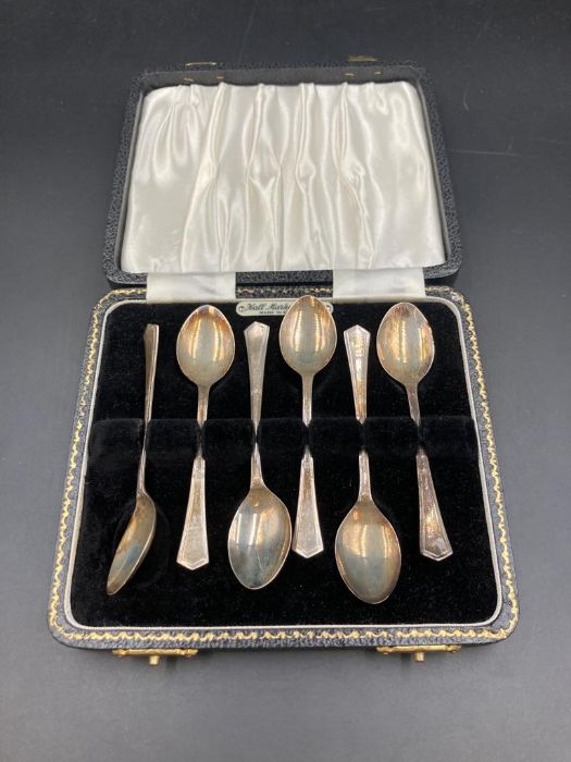 A Boxed set of six silver teaspoons, hallmarked for Birmingham by Angora Silver Plate Co Ltd 1968