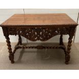 A carved centre table or library table. Each sided has carved figures holding a basket and