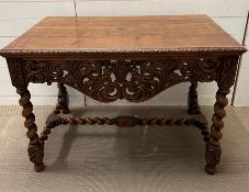 A carved centre table or library table. Each sided has carved figures holding a basket and