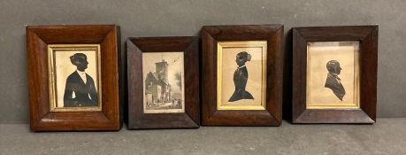 A selection of three framed miniatures and a small print of a vintage scene