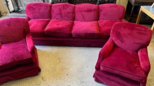 A vintage velvet red sofa and two arm chairs (Sofa H80cm W286cm D100cm Chairs H80cm W80cm)