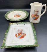 Three commemorative ware plates and jug of Lieutenant, General Sir George White VC of the Bora War