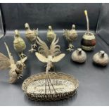 A selection of pewter, baskets, fighting cockerel etc