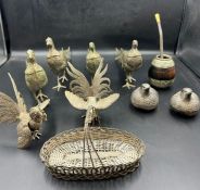 A selection of pewter, baskets, fighting cockerel etc