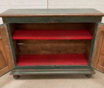 A painted French rustic dresser with display case above a two door cabinet on bun feet (H84cm W109cm