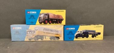 Three Corgi Classics Diecast 15101 Express Dairy Scammell Scarab Set 09701 ERF 8 Wheel Rigid load