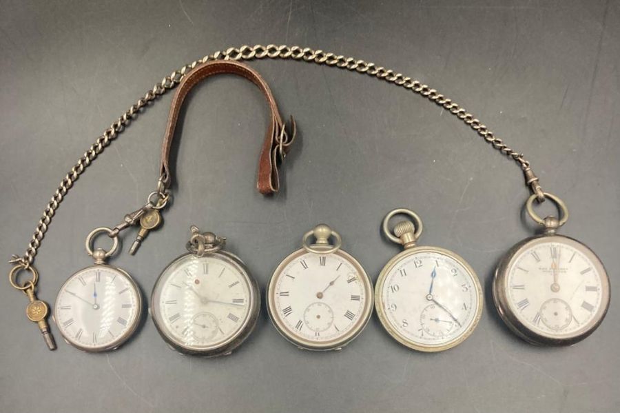 A selection of five pocket watches, three silver, one military AF and another AF