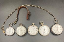 A selection of five pocket watches, three silver, one military AF and another AF