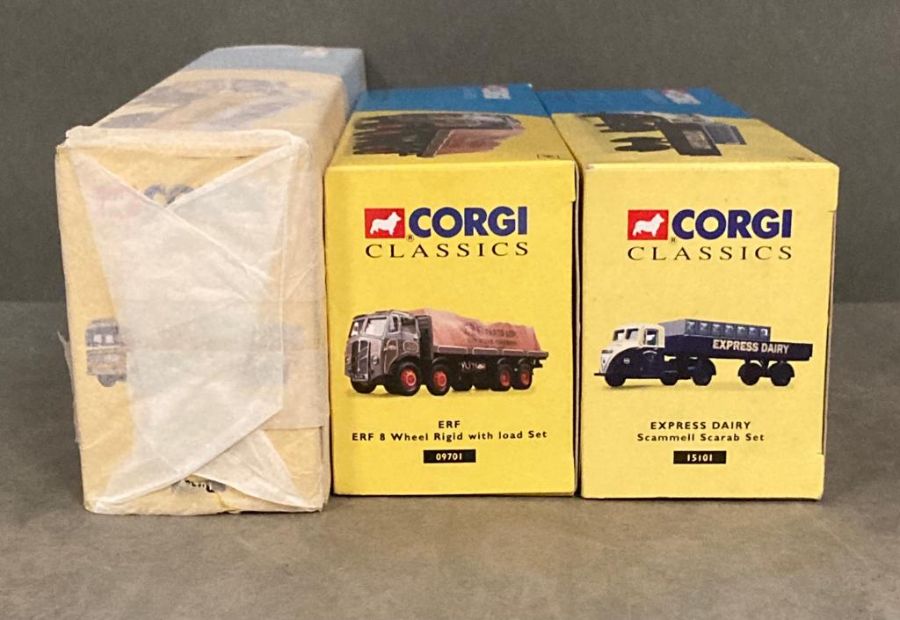 Three Corgi Classics Diecast 15101 Express Dairy Scammell Scarab Set 09701 ERF 8 Wheel Rigid load - Image 2 of 2