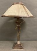 An empire style white metal column table lamp with unusual white metal framed shade. Approx H63cm,