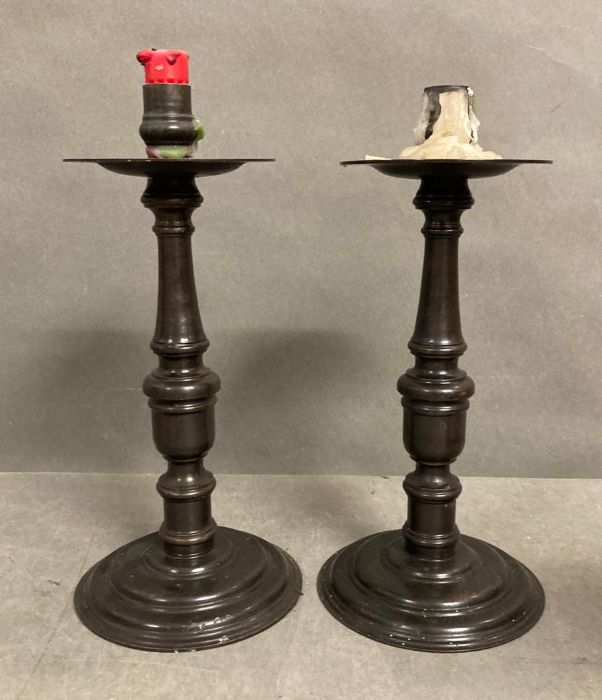 A selection of three candlesticks and a candle stick urn with cloven feet - Image 2 of 5