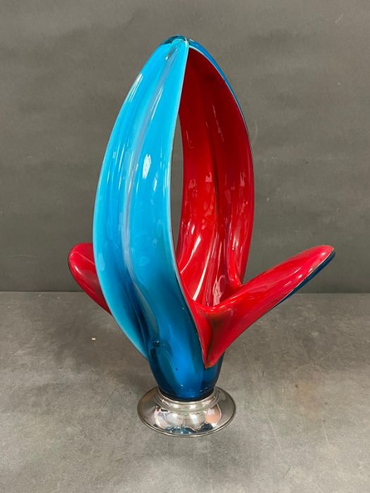 1970's vintage Murano glass azure, red with metal base, bohemian piece (H45cm)
