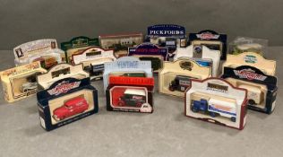 A selection of eighteen diecast van and lorry themed diecasts, various makers