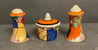 A Clarice Cliff Fantasque pattern cruet set