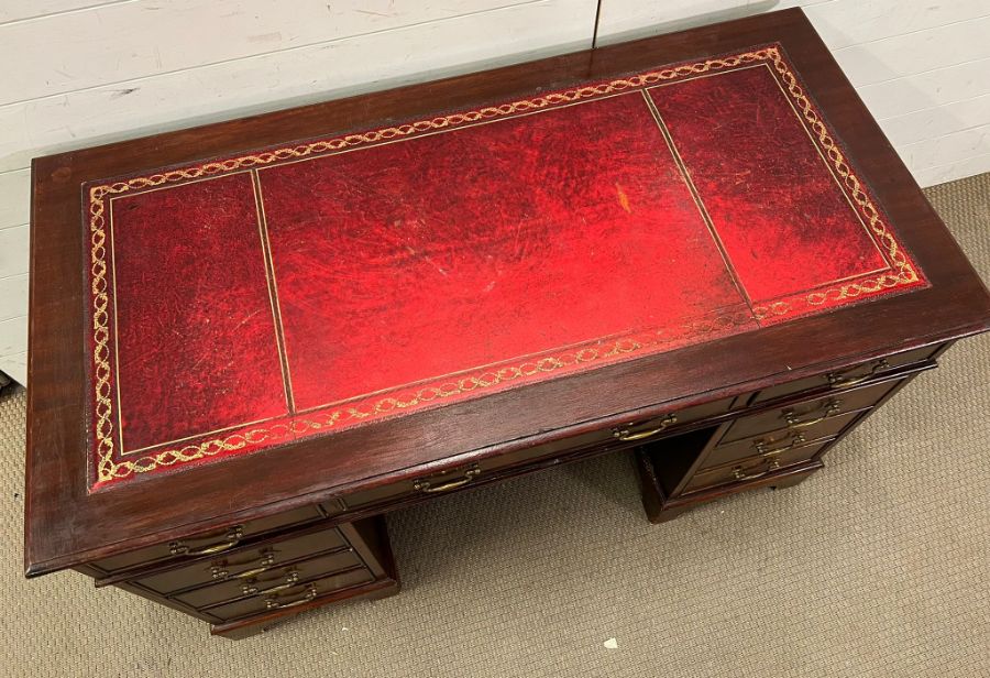 A pedestal desk with red leather top and brass drop handles (H78cm W121cm D60cm) - Image 4 of 4