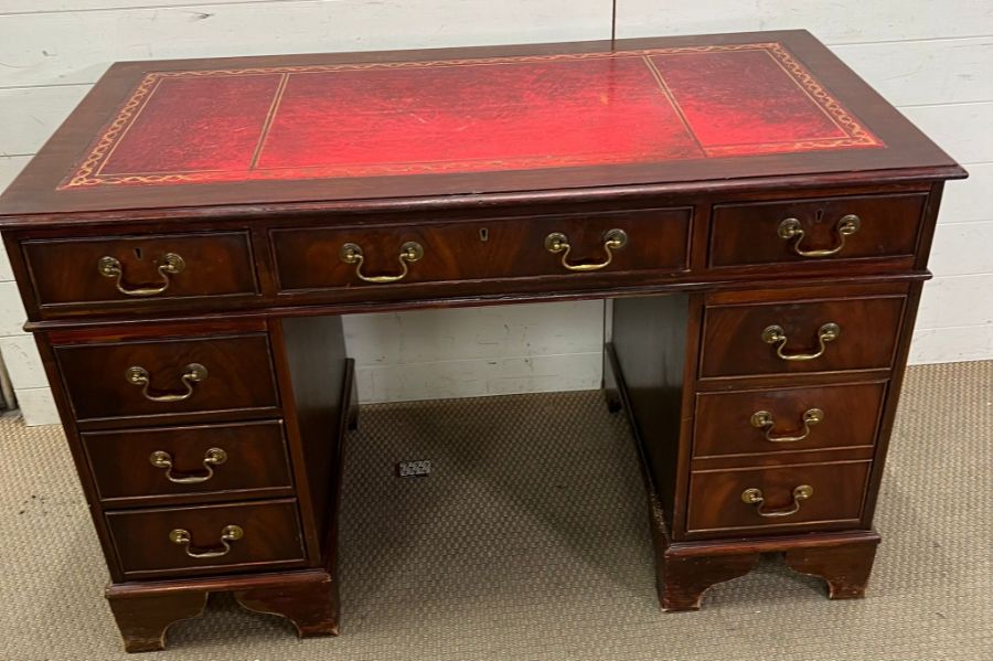 A pedestal desk with red leather top and brass drop handles (H78cm W121cm D60cm) - Image 2 of 4