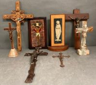 A selection of ecclesiastical objects to include crucifix and an image of Mary