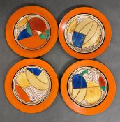 A set of four Fantasque pattern by Clarice Cliff side plates, 18cm diameter