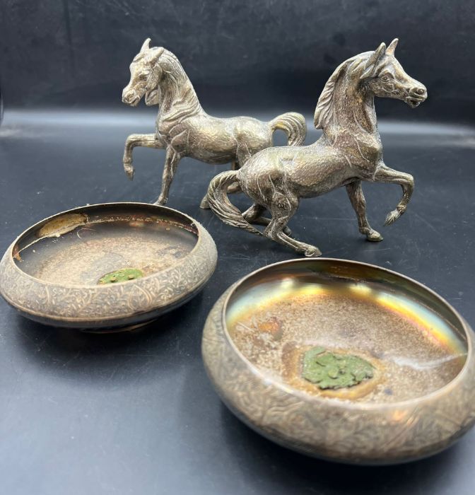 Two prancing horse and two white metal Indian bowls