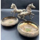 Two prancing horse and two white metal Indian bowls
