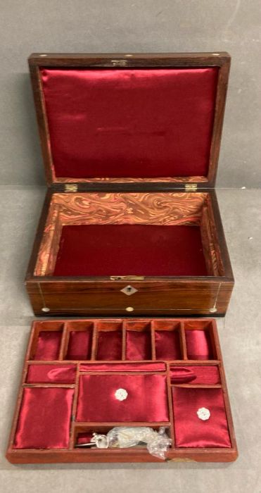 A Mahogany and mother of pearl jewellery box (with key)