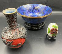 A selection of cloisonne bowls and vases