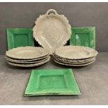 Ten grey plates and one platter with floral decoration, three Terre De Provence green plates and a