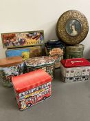 Nine vintage collectors tins, tea caddy and sweet tins etc