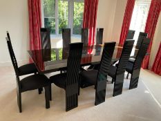 A High gloss two tone dining table with twelve black slat back chairs (305 cm Long by 110 cm wide