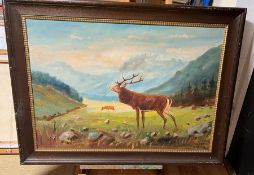 A framed oil on canvas of a Stag set in a highland scene. signed lower right 100 x 70cm